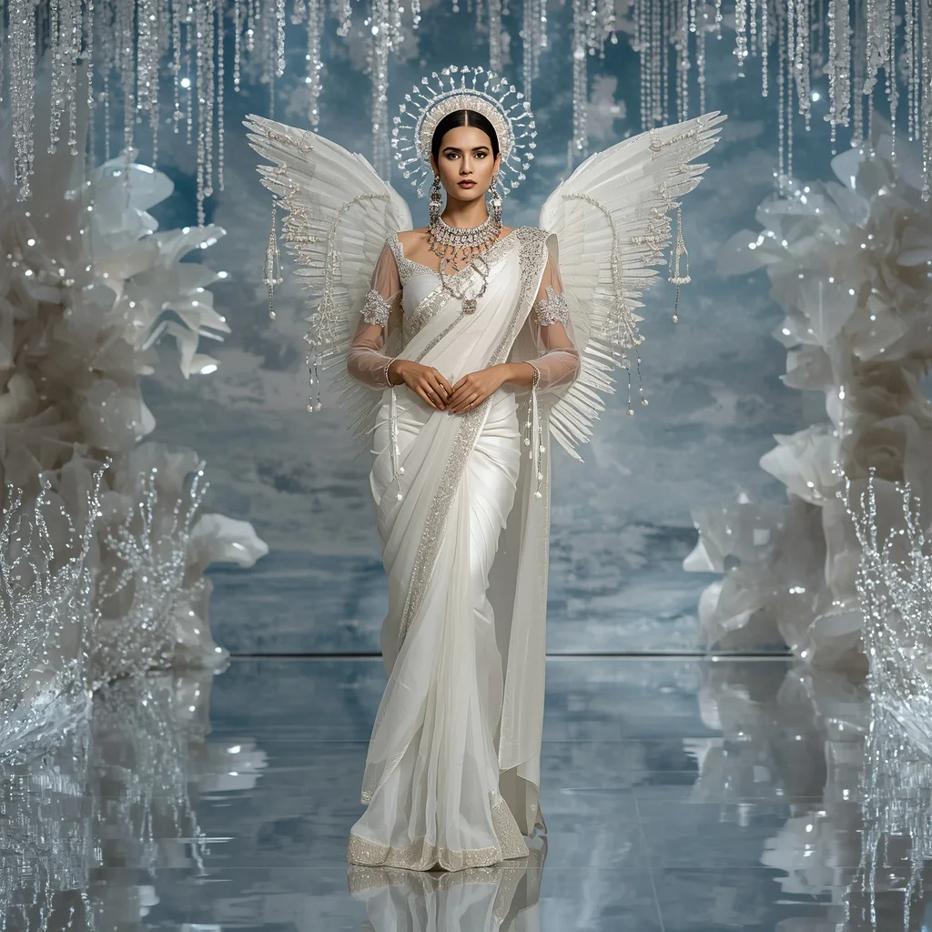 Luxury White Swan Aurora Saree Look with Floating Pearl Reflection Sky Garden Background | new prompt girl - Artistic Girl's Saree AI Prompts for Creative Conceptual Photography AI Prompt