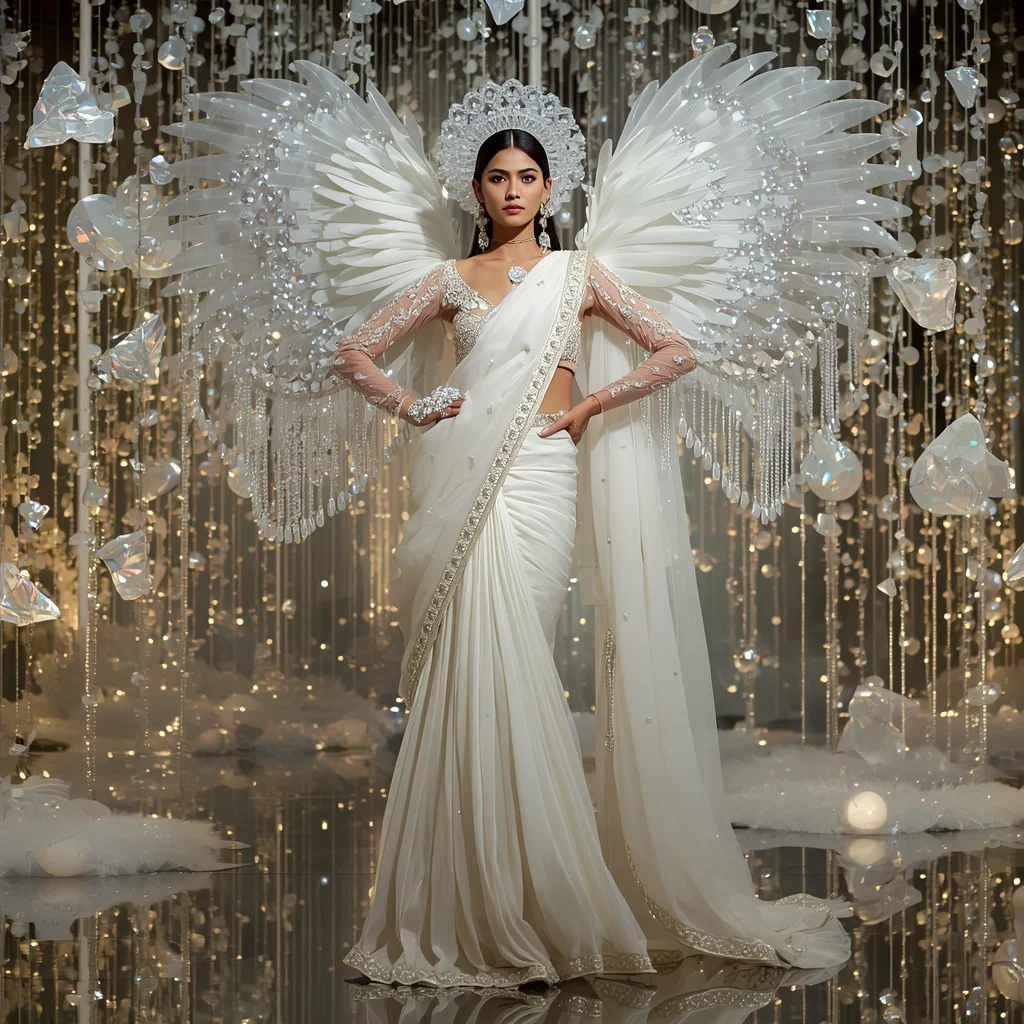 Luxury White Swan Moon Saree Couture with Floating Pearl Reflection Garden Background | ai prompt text generator - Cute Child Saree AI Image Prompts for Playful Childhood Memories AI Prompt