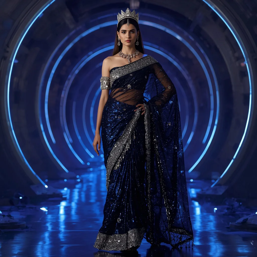 Midnight Galaxy Crown Maharani Saree with Celestial Orbit Observatory Palace | prompt for girls college instagram - New 10 Fusion Wear Saree AI Prompts for Indo-Western Fashion AI Prompt
