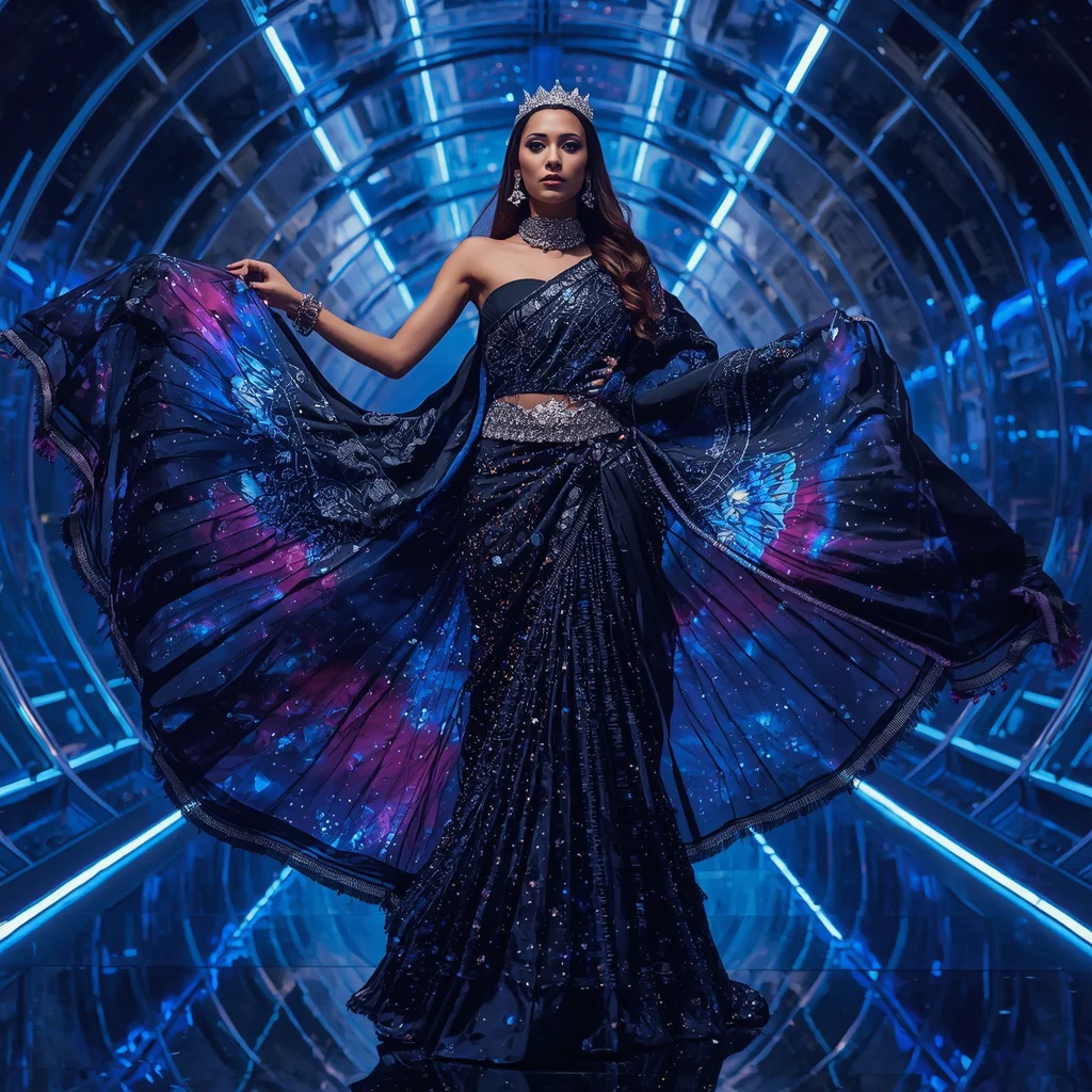 Midnight Galaxy Nebula Crown Saree with Cosmic Infinity Prism Temple Palace | traditional saree prompt in english for wedding - New 10 Fusion Wear Saree AI Prompts for Indo-Western Fashion AI Prompt