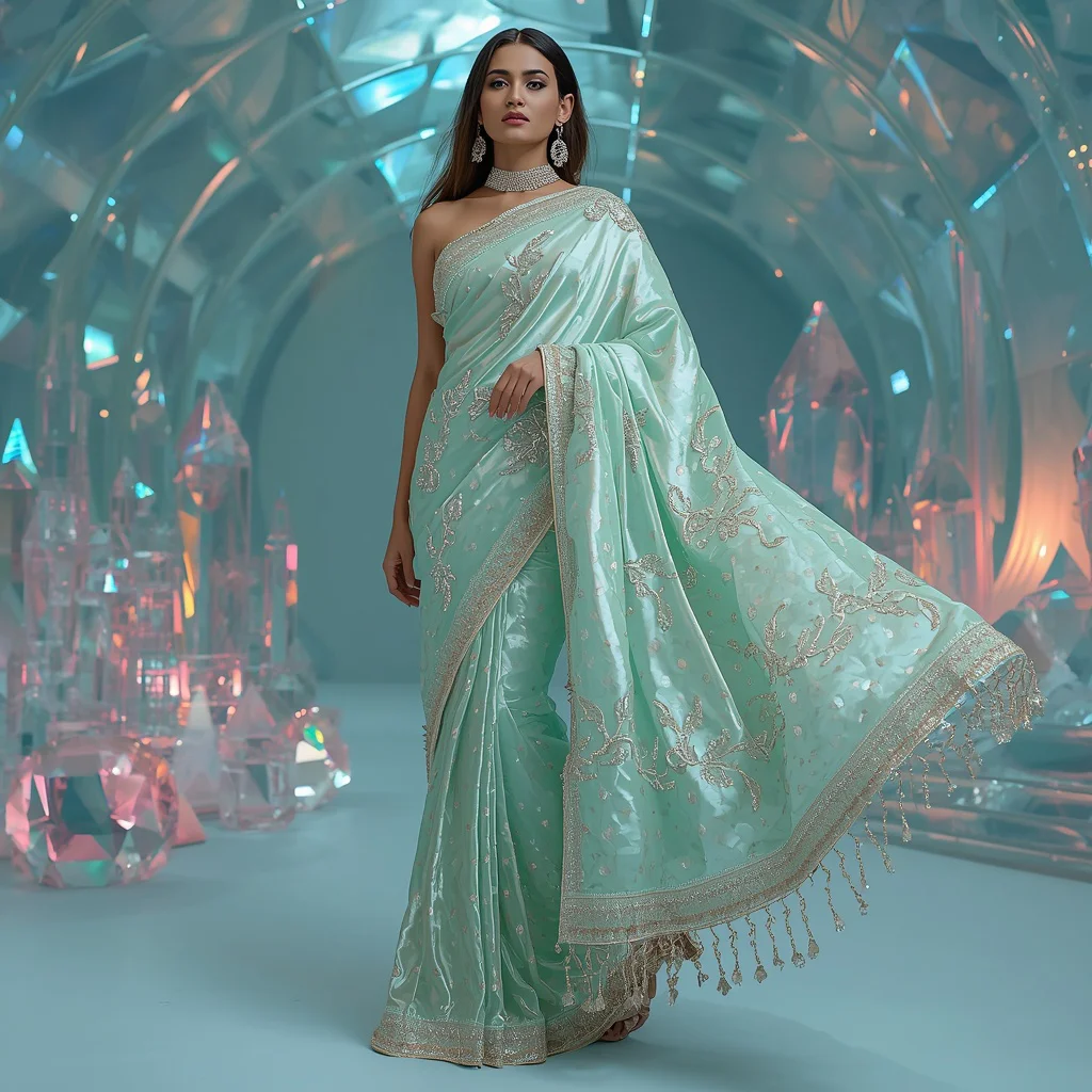 Mint Aurora Crystal Garden Saree with Floating Holographic Prism Temple Palace | prompt seen trending girl 2026 - Top 10 Serene Chiffon Saree AI Prompts for Romantic Outdoor Portraits AI Prompt