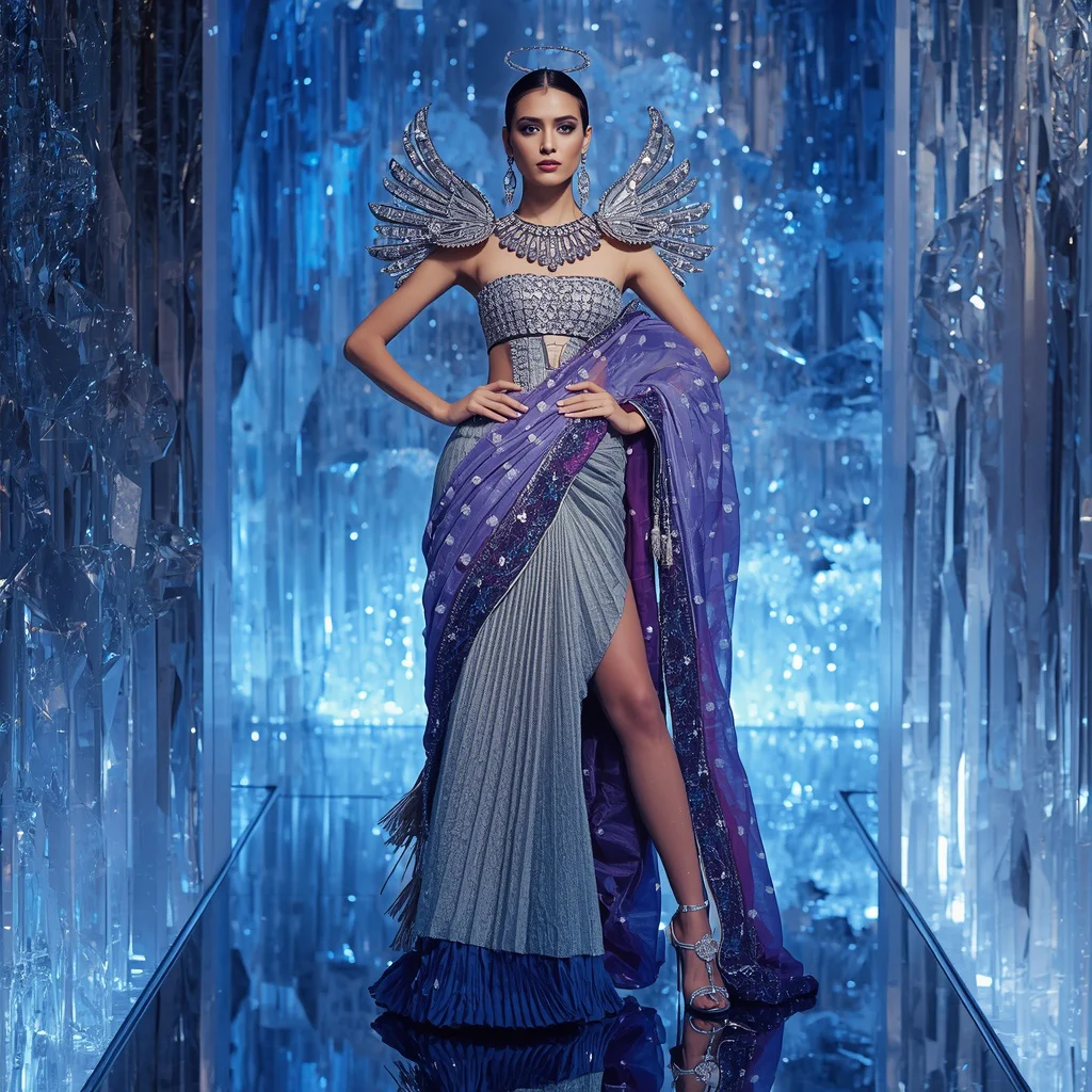 Modern Sapphire Aurora Saree Fashion with Floating Crystal Prism Sky Garden Background | trending prompt in instagram - Cute Child Saree AI Image Prompts for Playful Childhood Memories AI Prompt