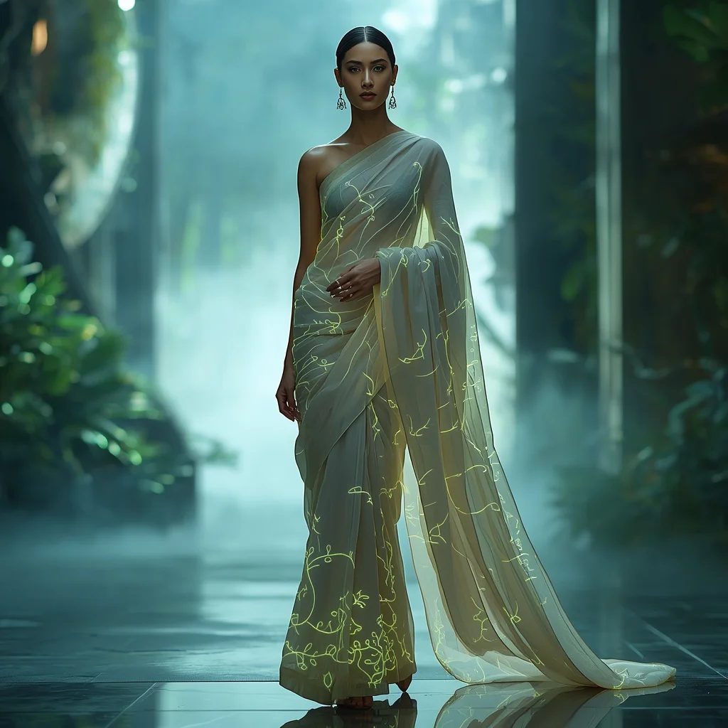 Neo Organic Living Energy Bio Silk Saree with Floating Nature Light Fusion Runway Concept Design | ai prompt text generator - Best 10 Bridal Banarasi Saree AI Prompts for North Indian Wedding Elegance AI Prompt