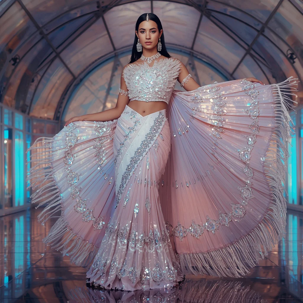 Opaline Aurora Diamond Empress Saree with Holographic Prism Crystal Dome Sanctuary | prompt for girl photo editing - New 10 Fusion Wear Saree AI Prompts for Indo-Western Fashion AI Prompt
