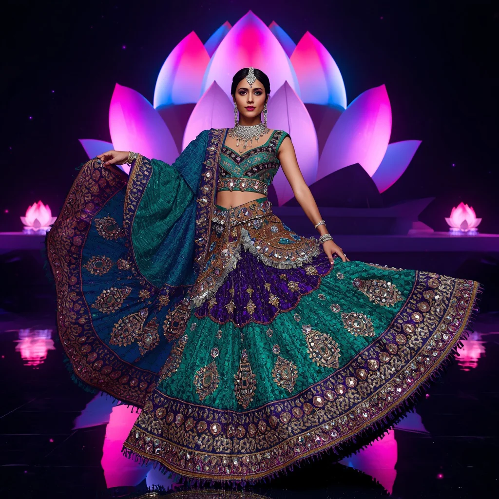 Peacock Jewel Diamond Queen Saree with Radiant Lotus Nebula Temple | saree prompt chatgpt - New 10 Fusion Wear Saree AI Prompts for Indo-Western Fashion AI Prompt