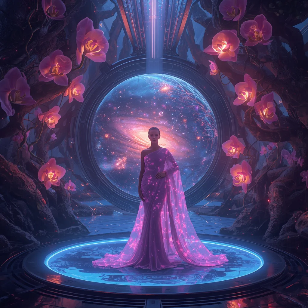 Plasma Orchid Leviathan Saree with Bio-Reactor Bloom Galaxy Nexus Core Chamber | traditional saree ai prompt - New 10 Designer Net Saree AI Prompts for Contemporary Fashion Campaigns AI Prompt