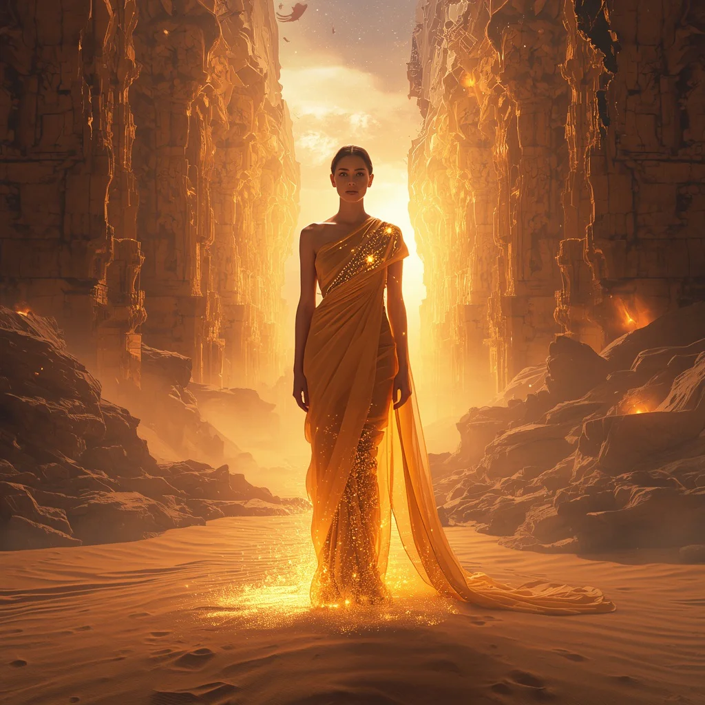 Plasma Sand Seraph Saree with Neon Desert Heaven Collapse Temple Rift Gate | traditional saree prompt for girl online - New 10 Designer Net Saree AI Prompts for Contemporary Fashion Campaigns AI Prompt