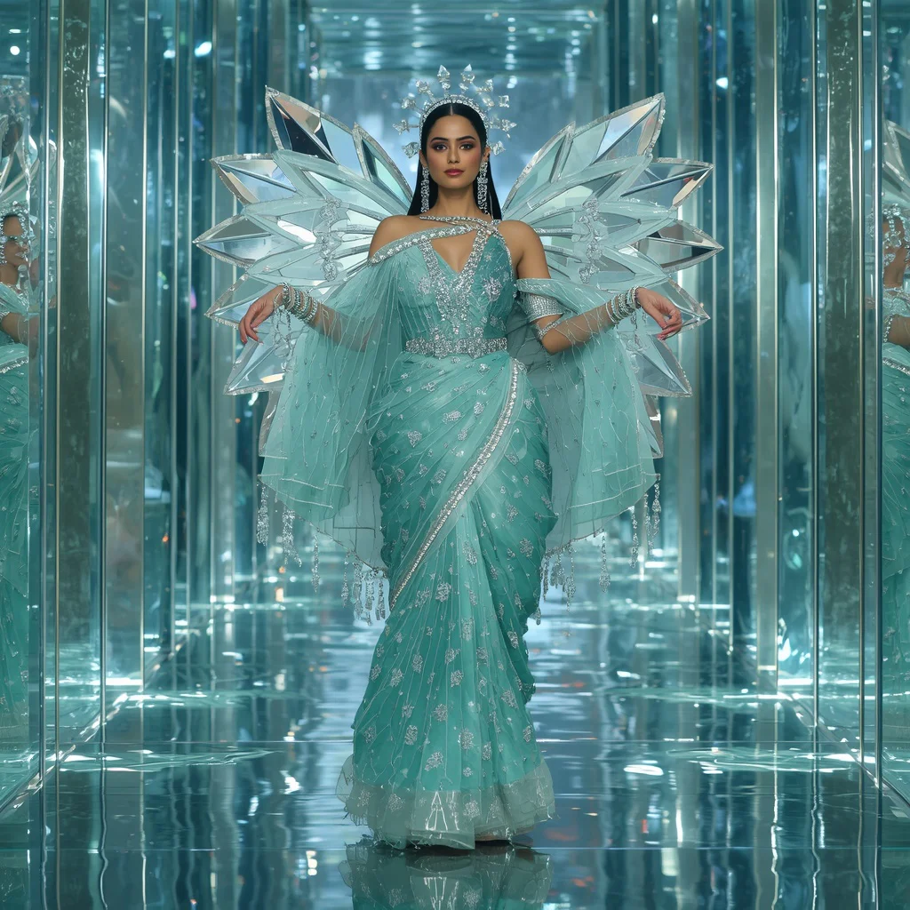 Premium Aqua Lotus Galaxy Saree Couture with Ocean Crystal Reflection Palace Background | prompt seen girl saree bengali style - Artistic Girl's Saree AI Prompts for Creative Conceptual Photography AI Prompt