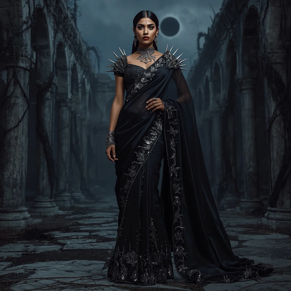 Premium Black Crystal Thorn Eclipse Sovereign Dominion Saree Couture with Royal War Pose and Gothic Eclipse Citadel Background | beautiful saree girl ai prompt - Top 10 Glamorous Georgette Saree AI Prompts for Evening Party Attire AI Prompt