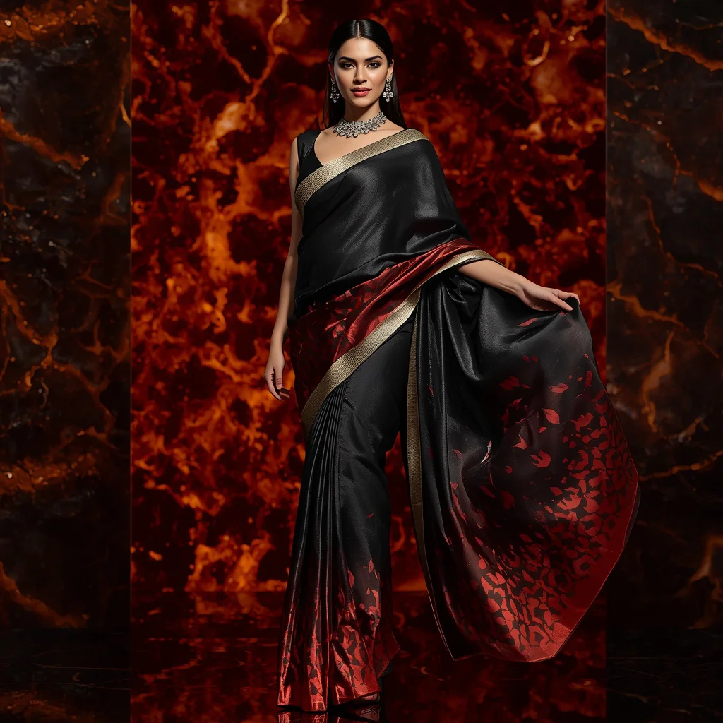 Premium Black Mercury Inferno Apex Sovereign Dominion Saree Couture with Fierce Editorial Pose and Lava Mirror Abyss Background | prompt for traditional look for couple - Best 10 Traditional Bengali Saree AI Prompts for Cultural Festivities AI Prompt