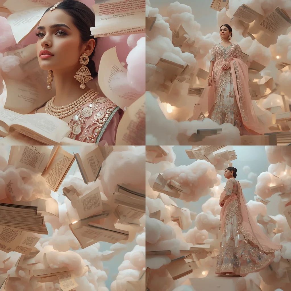 Premium Festive Pastel Saree Giant Luxury Floating Paper Cloud Library Editorial Collage | traditional saree prompt for girl - Top 10 Vintage Charm Saree AI Prompts for Retro Indian Glamour Portraits AI Prompt
