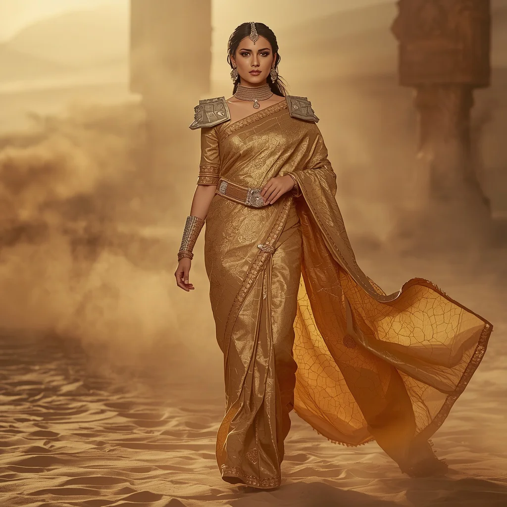 Premium Golden Sandstorm Titan Emperor Supreme Sovereign Saree Couture with Power Walk Pose and Desert Ruin Empire Background | prompt for gemini ai girl in saree copy and paste - Best 10 Traditional Bengali Saree AI Prompts for Cultural Festivities AI Prompt