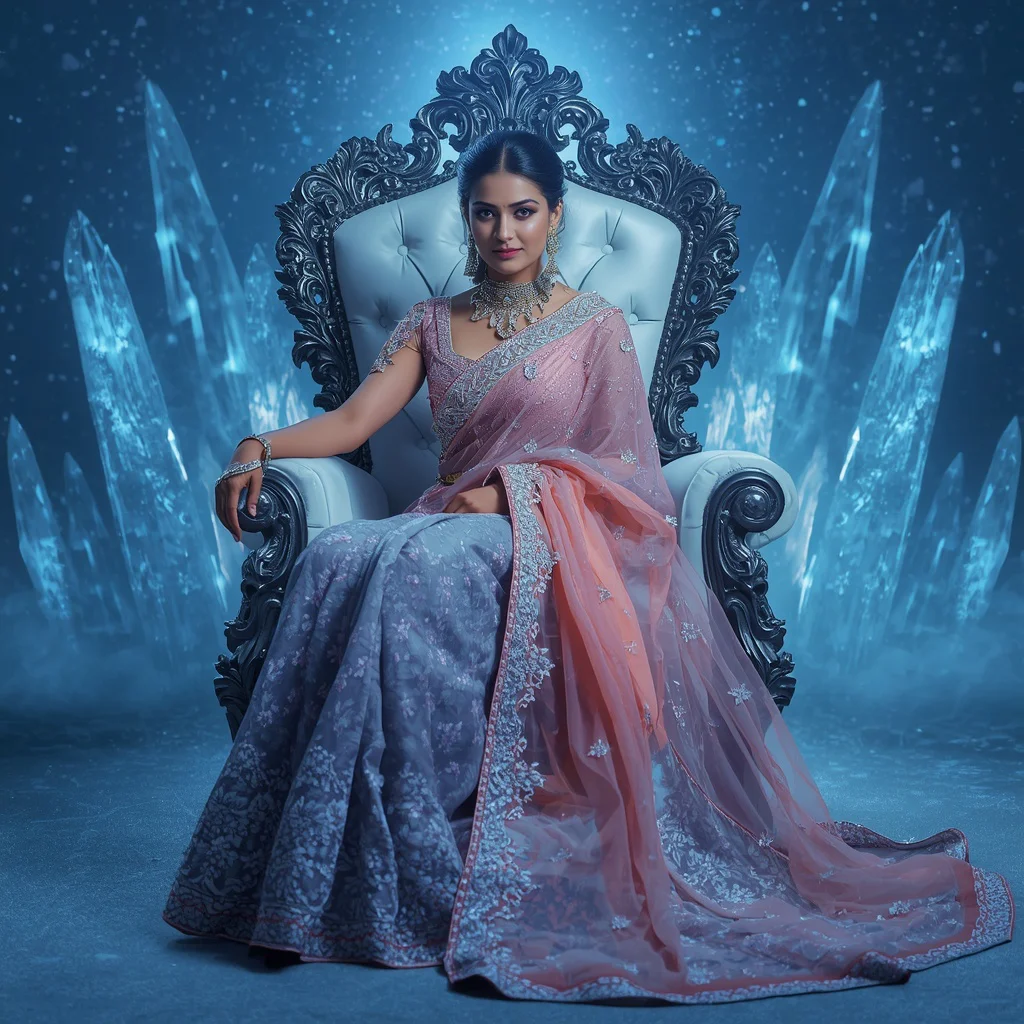 Premium Ice Rose Diamond Frost Aurora Imperial Throne Saree Couture with Royal Sitting Pose and Frozen Crystal Empire Background | bridal saree ai prompt - Best 10 Traditional Bengali Saree AI Prompts for Cultural Festivities AI Prompt