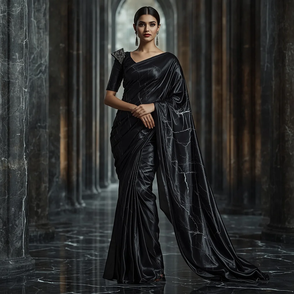 Premium Liquid Obsidian Marble Infinity Void Cathedral Saree Couture with Editorial Lean Pose and Monolith Abyss Background | prompt for saree look for girl instagram - Top 10 Glamorous Georgette Saree AI Prompts for Evening Party Attire AI Prompt