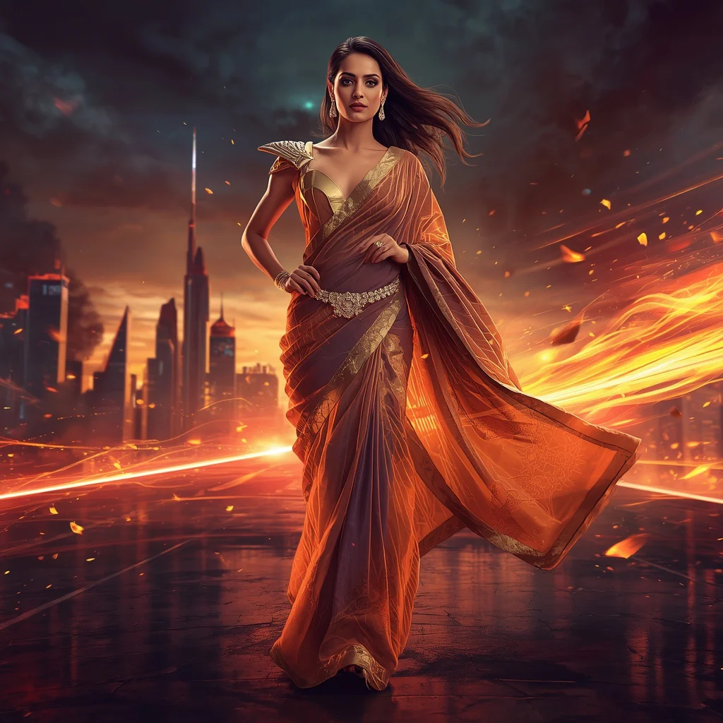 Premium Liquid Plasma Supernova Inferno Monarch Apex Saree Couture with Hyper Velocity Run Pose and Neon Fire Galaxy Skyline Background | gemini prompt - Artistic Girl's Saree AI Prompts for Creative Conceptual Photography AI Prompt