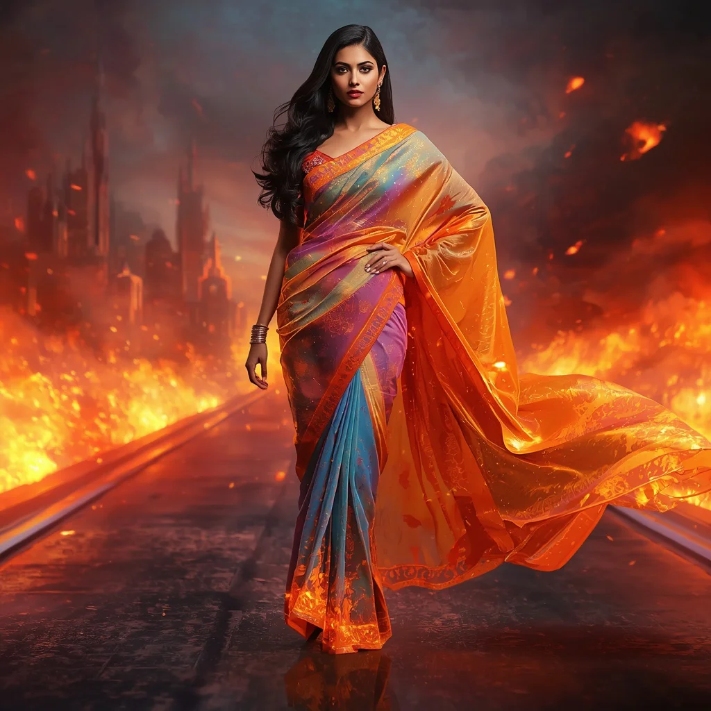 Premium Liquid Plasma Supernova Inferno Saree Couture with Hyper Velocity Runway Pose and Neon Galaxy Fire City Background | cinematic saree ai prompt - Top 10 Glamorous Georgette Saree AI Prompts for Evening Party Attire AI Prompt