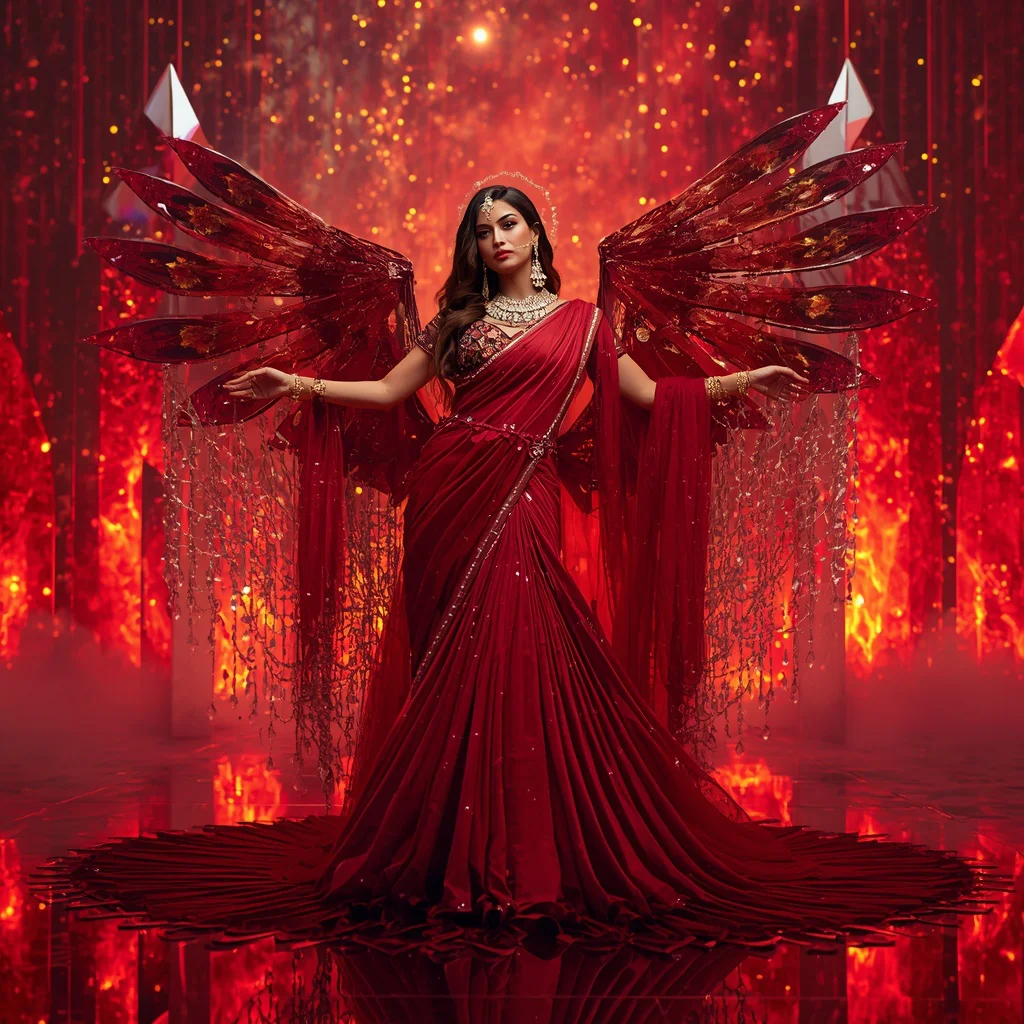 Premium Ruby Galaxy Flame Saree Couture with Floating Aurora Crystal Palace Background | traditional saree prompt for wedding pdf - Artistic Girl's Saree AI Prompts for Creative Conceptual Photography AI Prompt