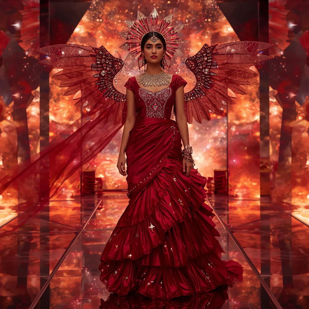 Premium Ruby Galaxy Saree Look with Floating Aurora Prism Sky Palace Background | bridal saree ai prompt - Cute Child Saree AI Image Prompts for Playful Childhood Memories AI Prompt