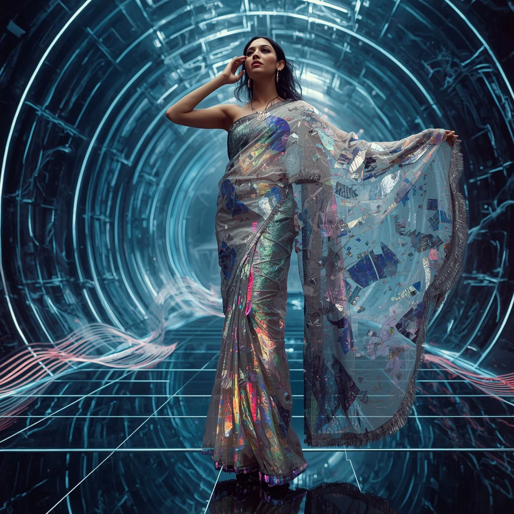 Quantum Fabric Saree with Reality Distortion Chamber | trending photo prompt - Top 10 Serene Chiffon Saree AI Prompts for Romantic Outdoor Portraits AI Prompt