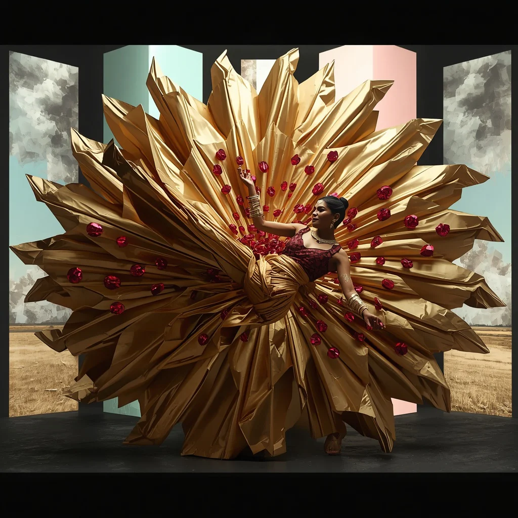 Rigid Origami-Folded Metallic Tissue Saree: Gold & Ruby | The High-Kick Fabric Shatter Pose | Digital Glitch-Art Panels | gemini ai photo prompt trending 2026 - Best 10 South Indian Silk Saree AI Prompts for Grand Wedding Photography AI Prompt