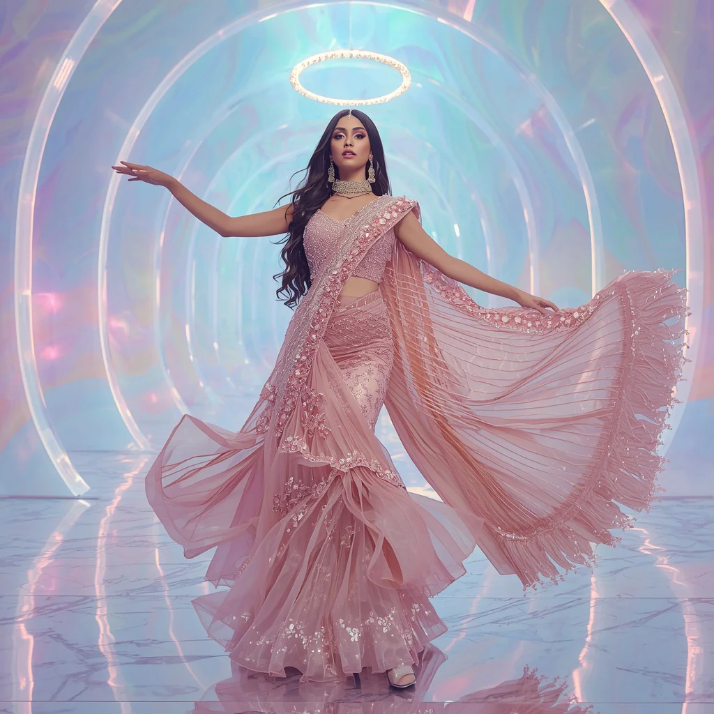Rose Crystal Halo Saree with Floating Aurora Prism Kingdom | prompt seen girl saree - Top 10 Traditional Handloom Saree AI Prompts for Authentic Cultural Portraiture AI Prompt