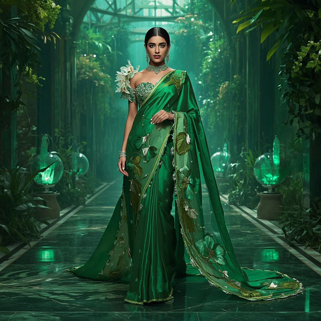 Royal Emerald Infinity Botanical Palace Saree | prompt trending girl - New 10 Designer Net Saree AI Prompts for Contemporary Fashion Campaigns AI Prompt