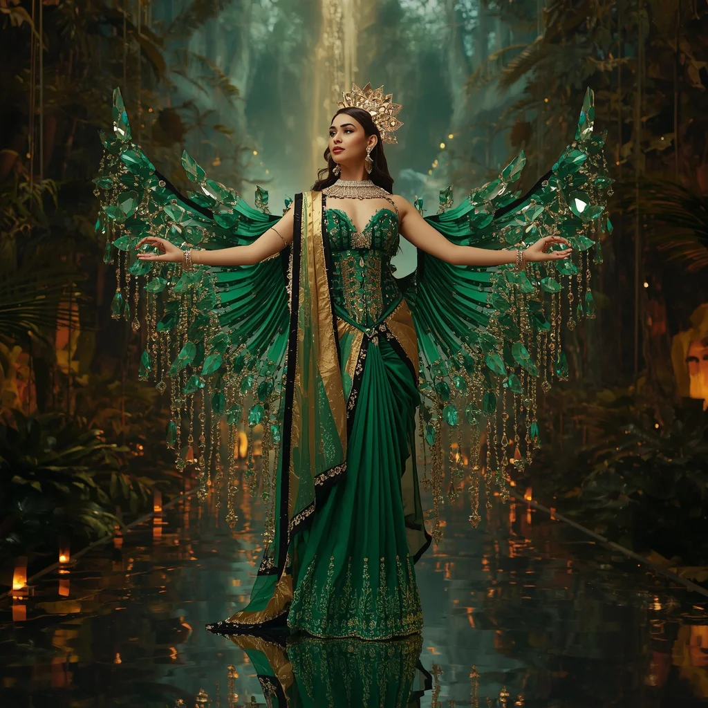 Royal Emerald Lotus Fire Saree Couture with Rainforest Crystal Aurora Kingdom Background | aesthetic saree prompt - Artistic Girl's Saree AI Prompts for Creative Conceptual Photography AI Prompt