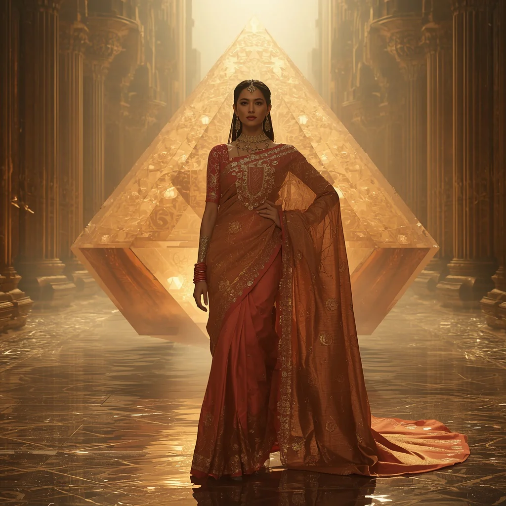 Royal Giant Floating Lotus Pyramid Saree With Ancient Futuristic Couture Fashion Design | photo prompt trending - Best 10 Bridal Banarasi Saree AI Prompts for North Indian Wedding Elegance AI Prompt