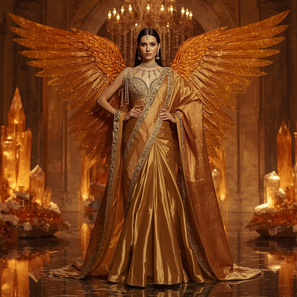 Royal Golden Phoenix Fire Saree Fashion with Imperial Crystal Galaxy Fortress Background | black saree prompt for chatgpt - Artistic Girl's Saree AI Prompts for Creative Conceptual Photography AI Prompt