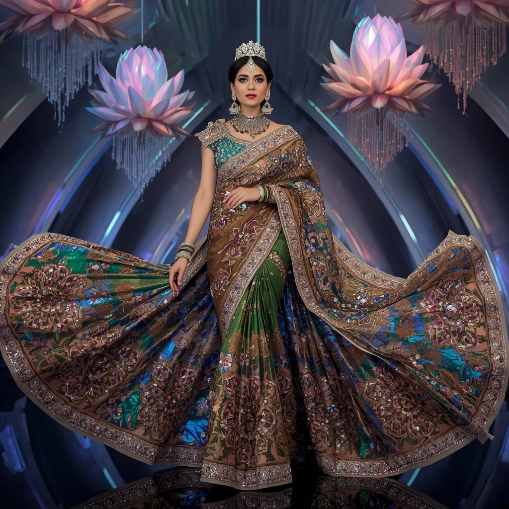 Royal Holographic Lotus Crown Saree with Floating Prism Temple Architecture | prompt for gemini ai girl modern saree copy and paste - New 10 Fusion Wear Saree AI Prompts for Indo-Western Fashion AI Prompt