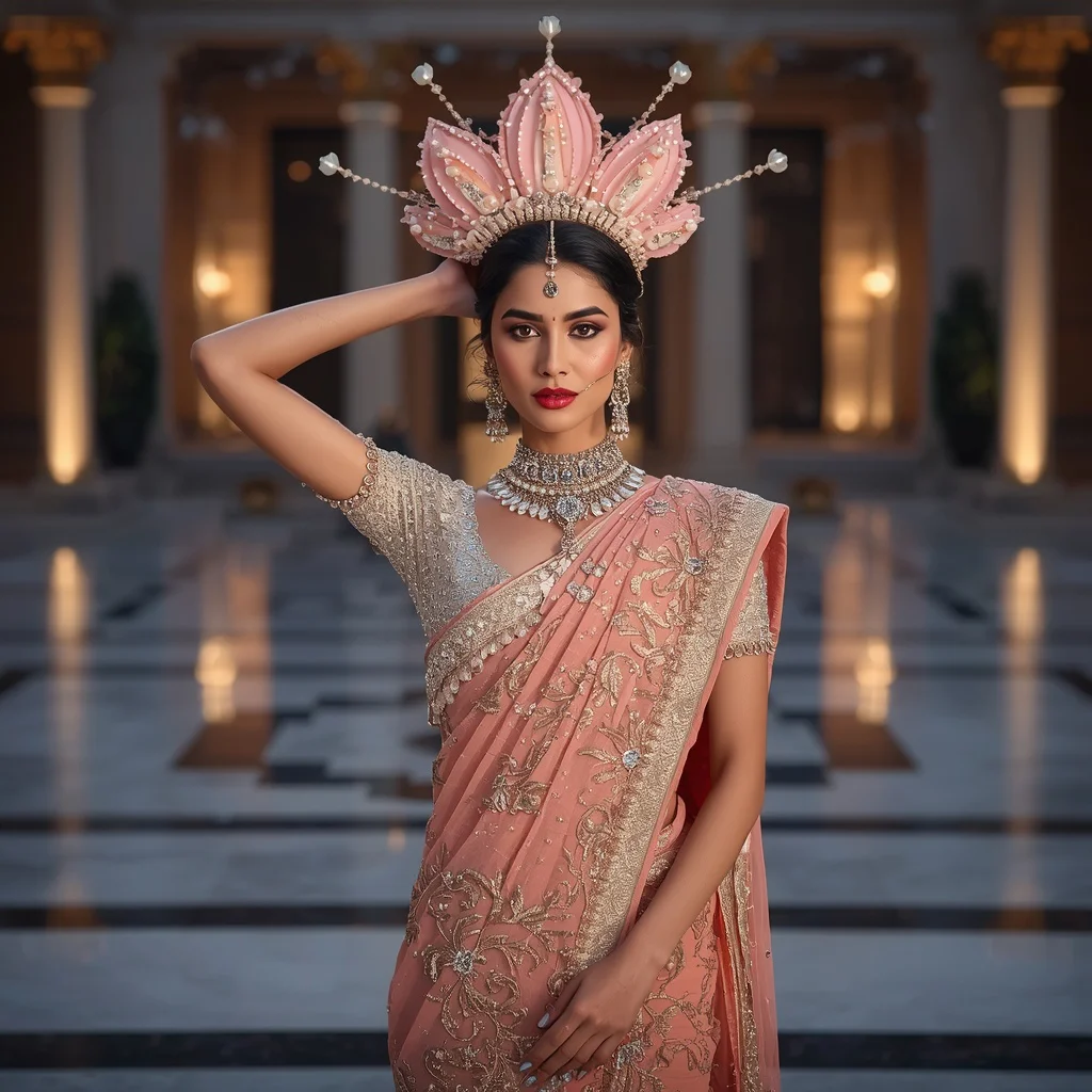 Royal Lotus Crown Saree with Luxury Temple Courtyard | prompt for gemini ai girl indian style - Best 10 South Indian Silk Saree AI Prompts for Grand Wedding Photography AI Prompt