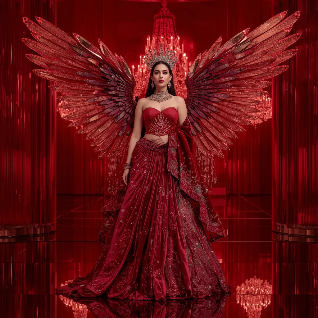Royal Ruby Flame Queen Saree Look with Red Crystal Reflection Empire Background | image prompt ai - Artistic Girl's Saree AI Prompts for Creative Conceptual Photography AI Prompt