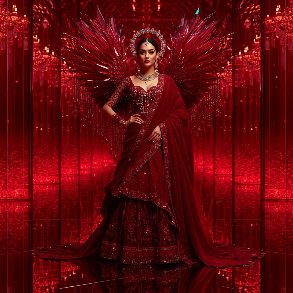 Royal Ruby Flame Saree Couture with Red Crystal Reflection Fortress Background | prompt for gemini ai girl in saree 2026 download - Cute Child Saree AI Image Prompts for Playful Childhood Memories AI Prompt