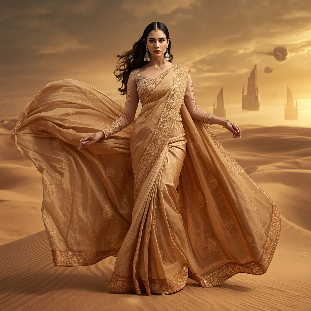 Royal Sand Mirage Crystal Queen Saree with Floating Golden Desert Empire Sky Fashion Scene | new prompt photo - Candid Girl's Saree AI Prompts for Authentic Cultural Moments AI Prompt