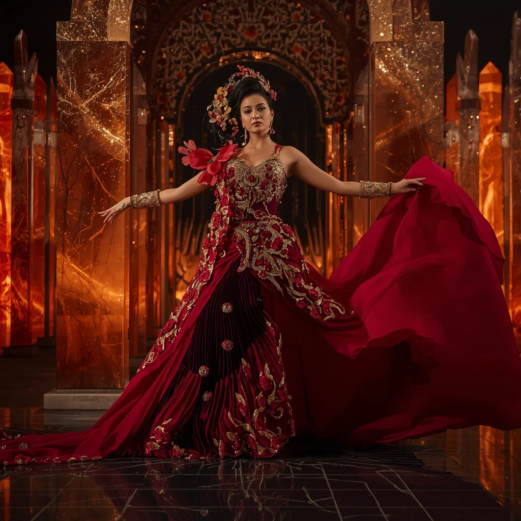 Ruby Phoenix Blossom Saree with Crystal Fire Garden Architecture | prompt for gemini girl in saree instagram - Vibrant Girl's Half Saree AI Image Prompts for South Indian Festivities AI Prompt
