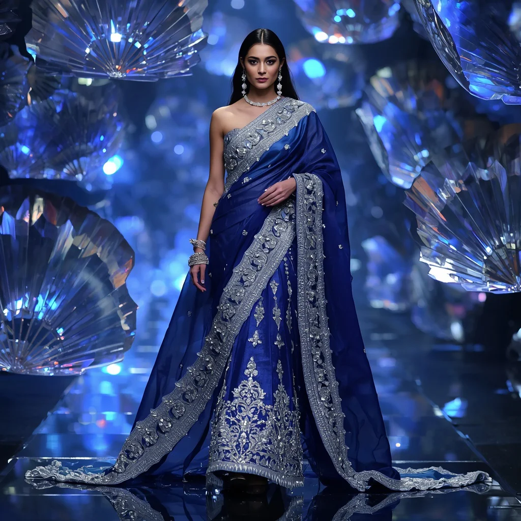 Sapphire Aurora Fan Queen Saree with Floating Crystal Moon Fans | prompt seen trending girl 2026 - Vibrant Girl's Half Saree AI Image Prompts for South Indian Festivities AI Prompt