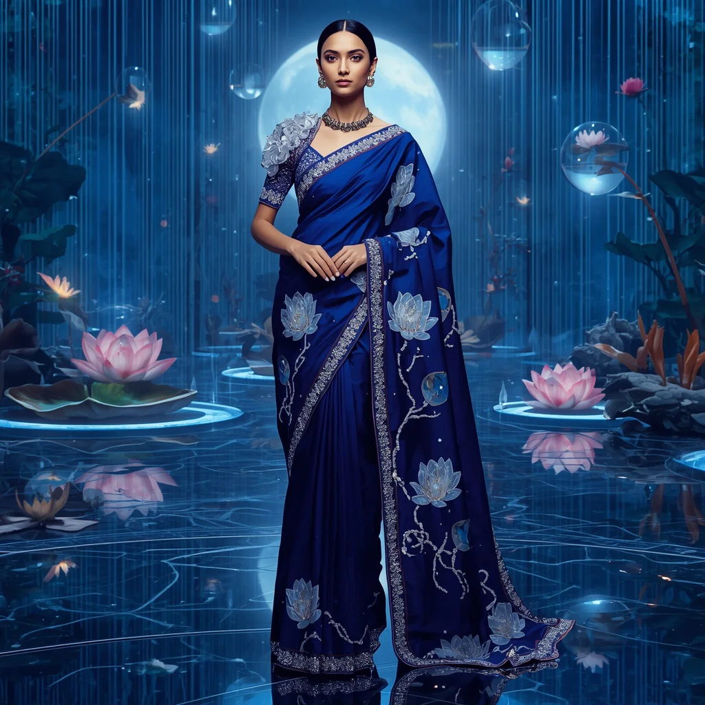 Sapphire Celestial Lotus Observatory Saree | new instagram trend prompt for girl saree look in english - New 10 Designer Net Saree AI Prompts for Contemporary Fashion Campaigns AI Prompt