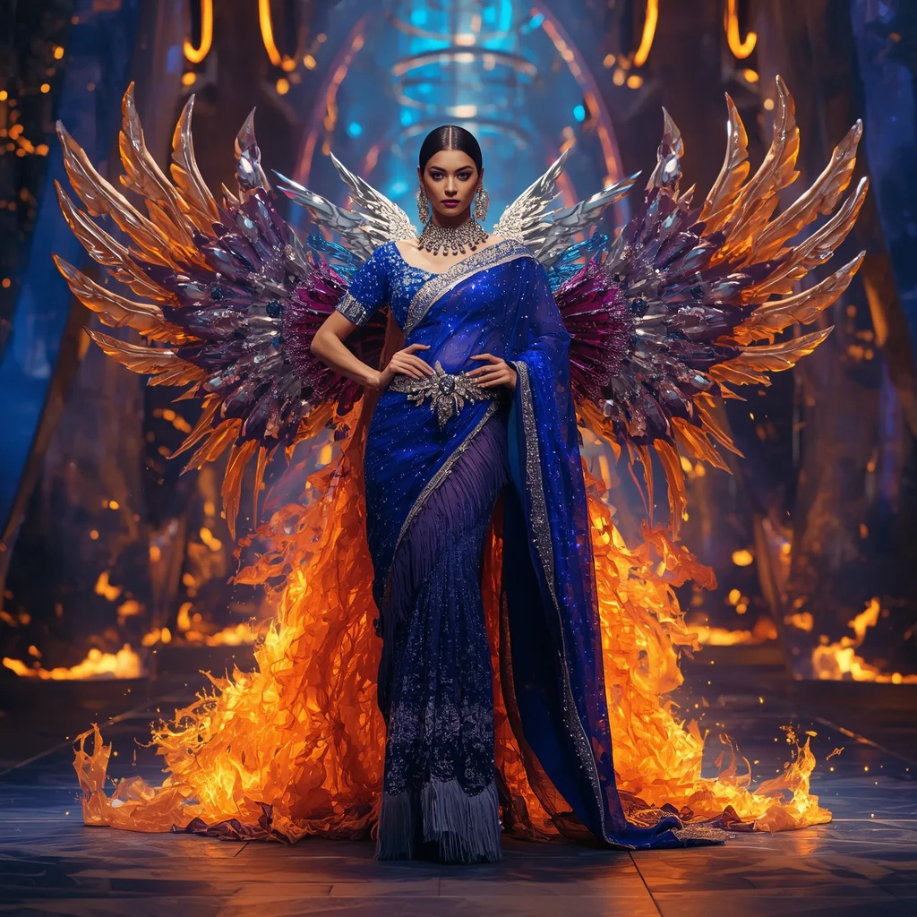 Sapphire Phoenix Flame Wing Saree with Radiant Crystal Fire Palace | grok prompt - New 10 Fusion Wear Saree AI Prompts for Indo-Western Fashion AI Prompt
