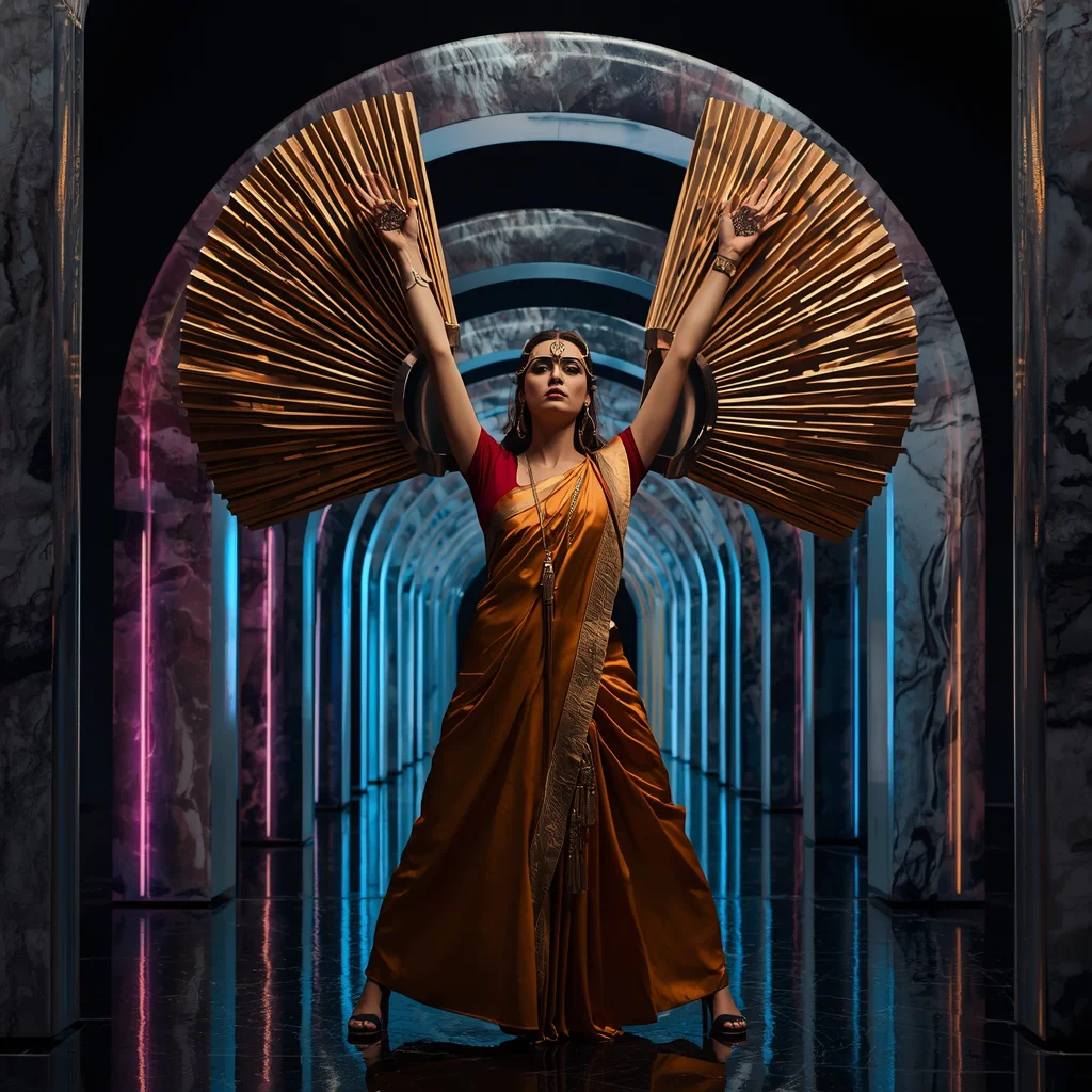 Sculpted Bronze Pleats & Mustard Satin Saree | Symmetrical Upward Hand Stretch | 3D Liquid Marble Arches | prompt for saree look for girl in english - Whimsical Child Saree AI Prompts for Playful Outdoor Photography AI Prompt