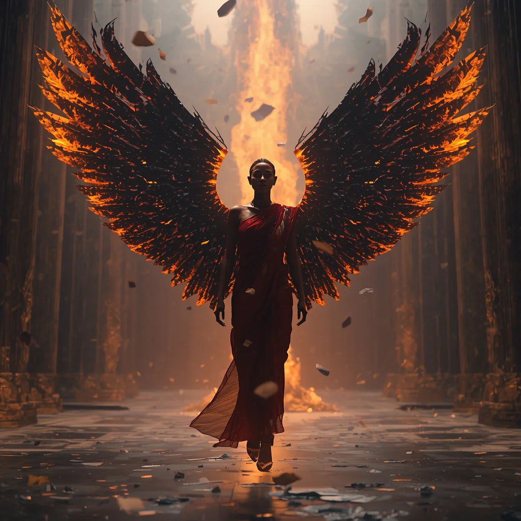 Shadow Phoenix Ember Hyper-Omni Eternity Prime Apex Omega ExoGenesis Void Flame Ascension Saree with Broken Celestial Wings of Infinite Collapse Realm System | traditional saree prompt for girl - Regal Princess Saree AI Image Prompts for Fairytale-Inspired Artwork AI Prompt