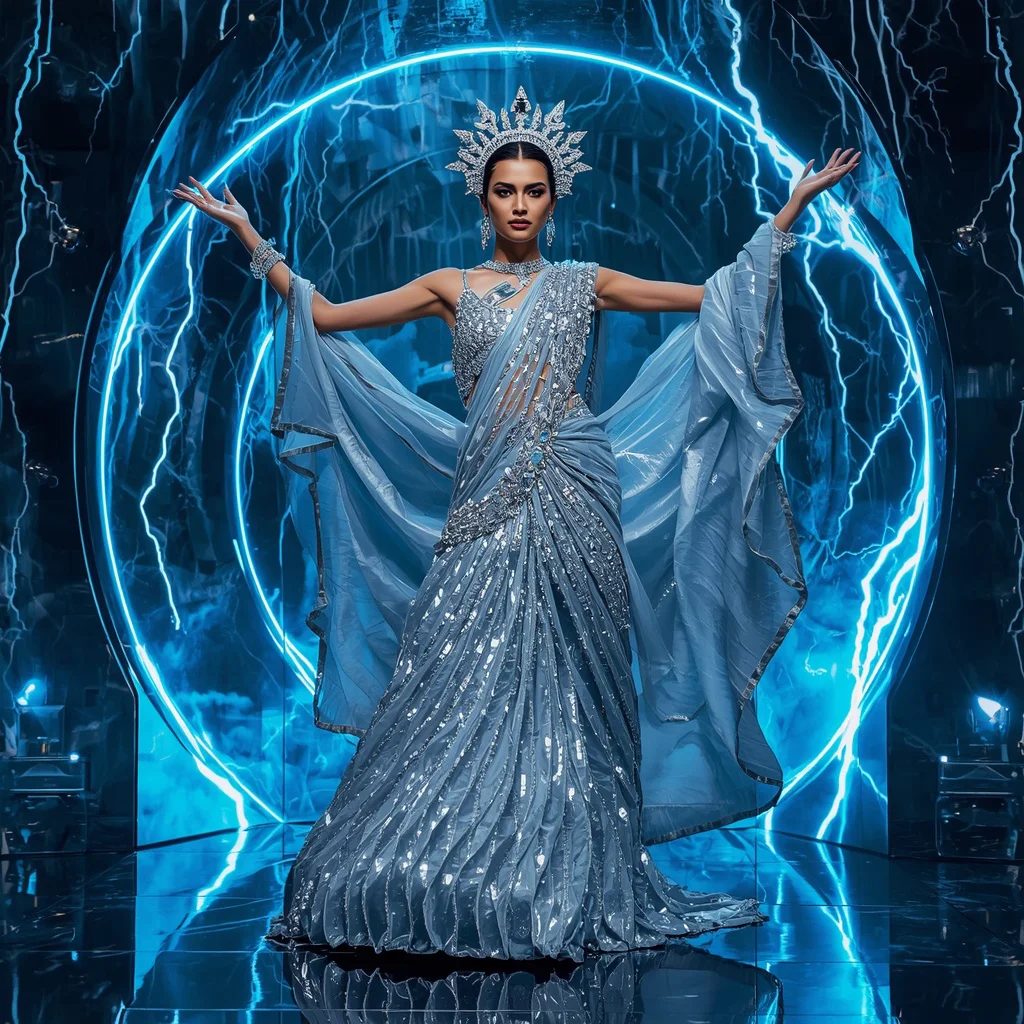 Silver Lightning Crown Saree with Electric Prism Solar Kingdom | trending saree prompt for girl - Top 10 Traditional Handloom Saree AI Prompts for Authentic Cultural Portraiture AI Prompt