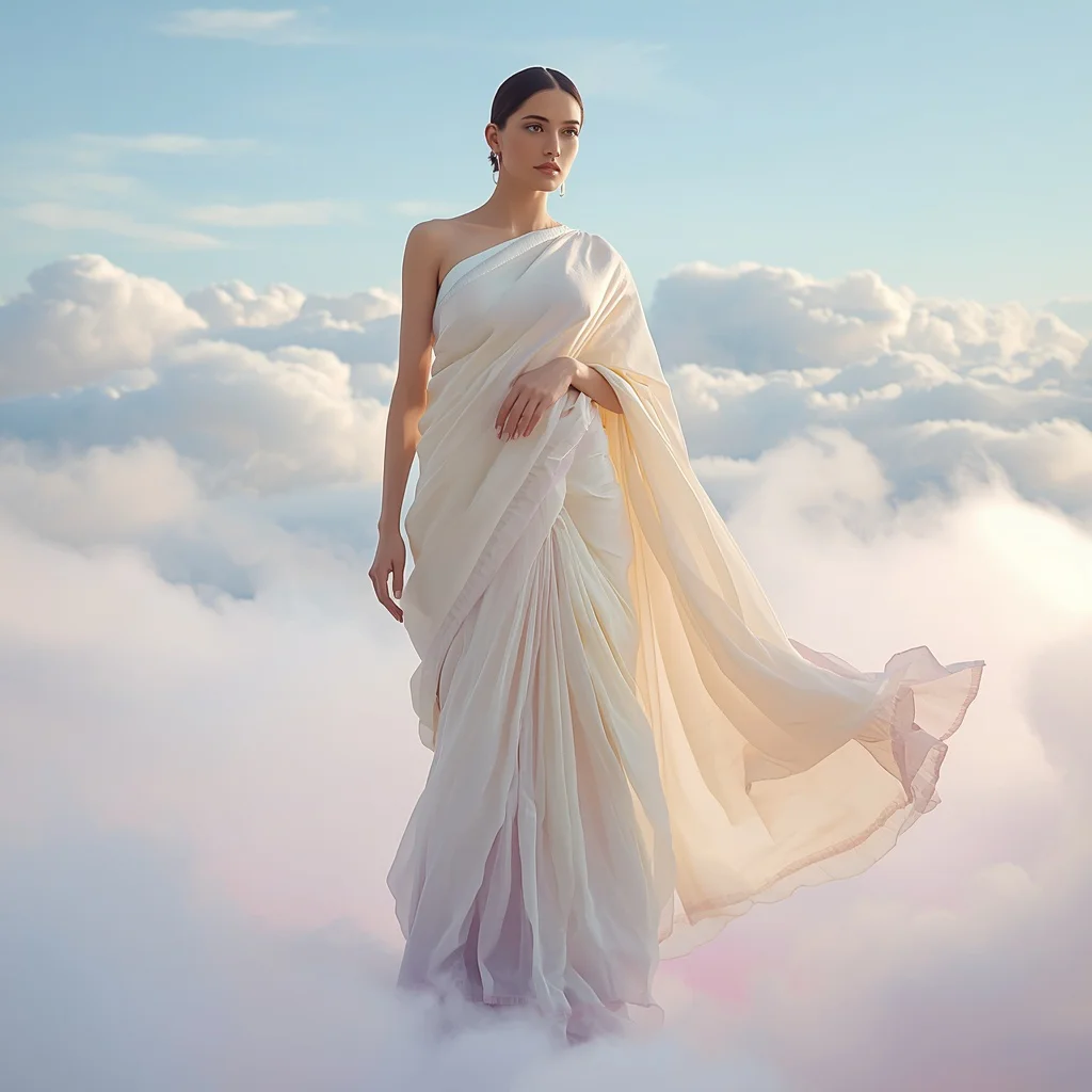 Soft Pastel Cloud Drift Minimal Silk Saree with Floating Sky Motion Romantic Luxury Runway Concept Design | prompt for gemini girl in saree - Best 10 Bridal Banarasi Saree AI Prompts for North Indian Wedding Elegance AI Prompt