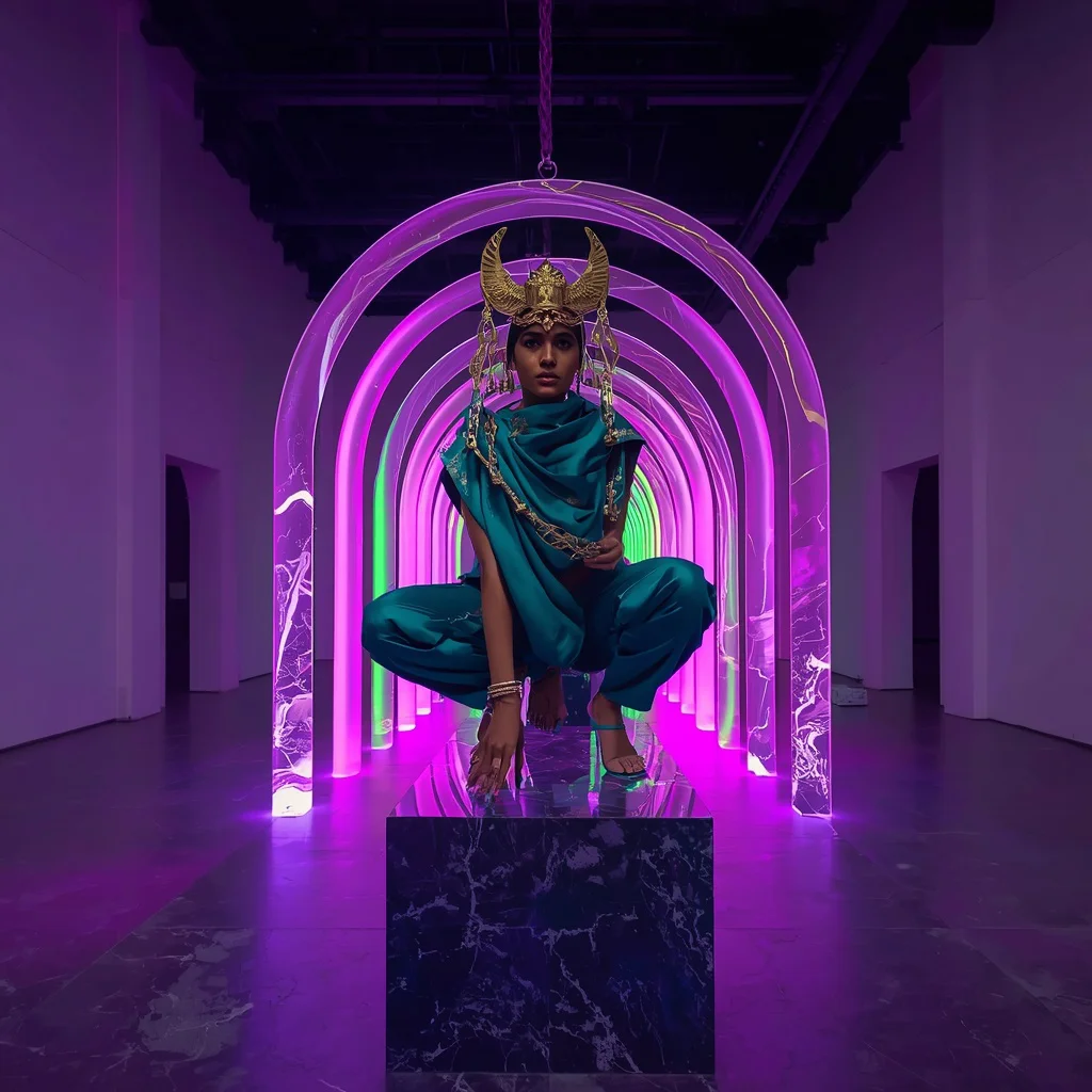 Solid Brass Temple Motifs & Emerald Raw Silk Saree | Crouching Gargoyle Perch Pose | Liquid Neon Marble Arches | chatgpt saree prompt in english - Vibrant Girl's Half Saree AI Image Prompts for South Indian Festivities AI Prompt