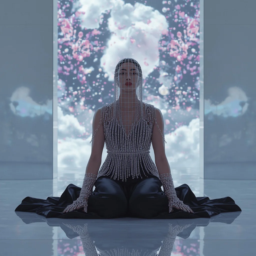 Solid Crystal Cage & Onyx Black Satin Saree | Symmetrical Kneeling Floor Anchor Pose | Floating Digital Glowing Clouds | trending prompt for gemini ai girl - Whimsical Child Saree AI Prompts for Playful Outdoor Photography AI Prompt