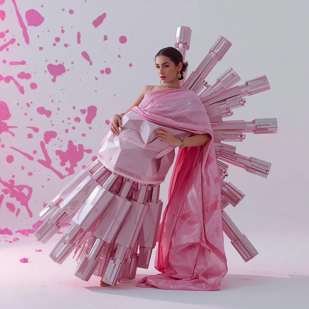 Solid Raw Platinum Crust & Giant 3D Geometric Obsidian Saree | Matrix Sideways Freeze Pose | prompt seen trending 2026 - Best 10 South Indian Silk Saree AI Prompts for Grand Wedding Photography AI Prompt