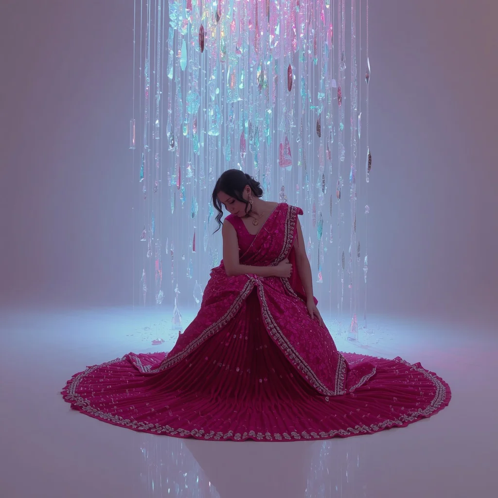 Thick Sequin Scales & Magenta Crepe Saree | Tightly Coiled Floor Sphere Pose | Raining Crystal Stalactites | best ai prompts for realistic photos - Whimsical Child Saree AI Prompts for Playful Outdoor Photography AI Prompt