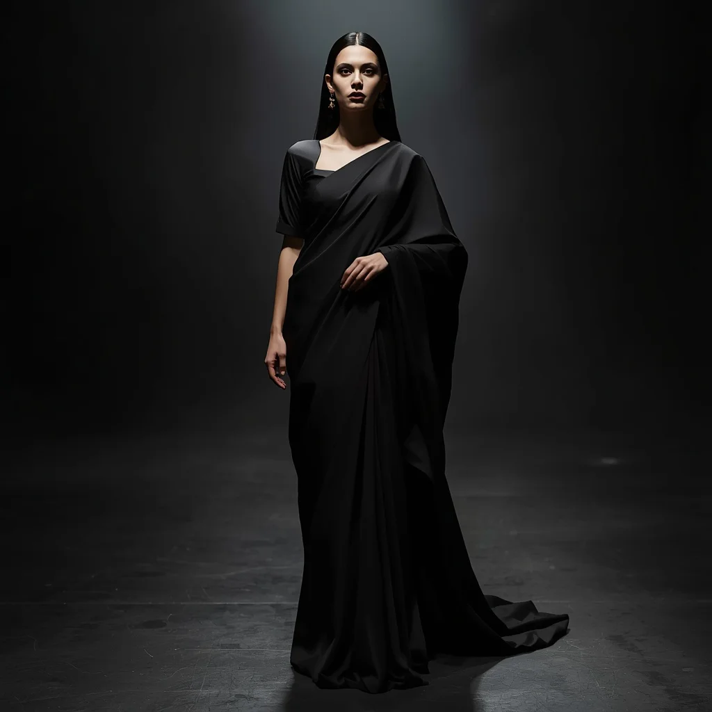 Ultra Dark Void Gravity Silk Minimal Power Saree with Floating Shadow Dimension Luxury Runway Concept Design | desi saree ai prompt - Best 10 Bridal Banarasi Saree AI Prompts for North Indian Wedding Elegance AI Prompt