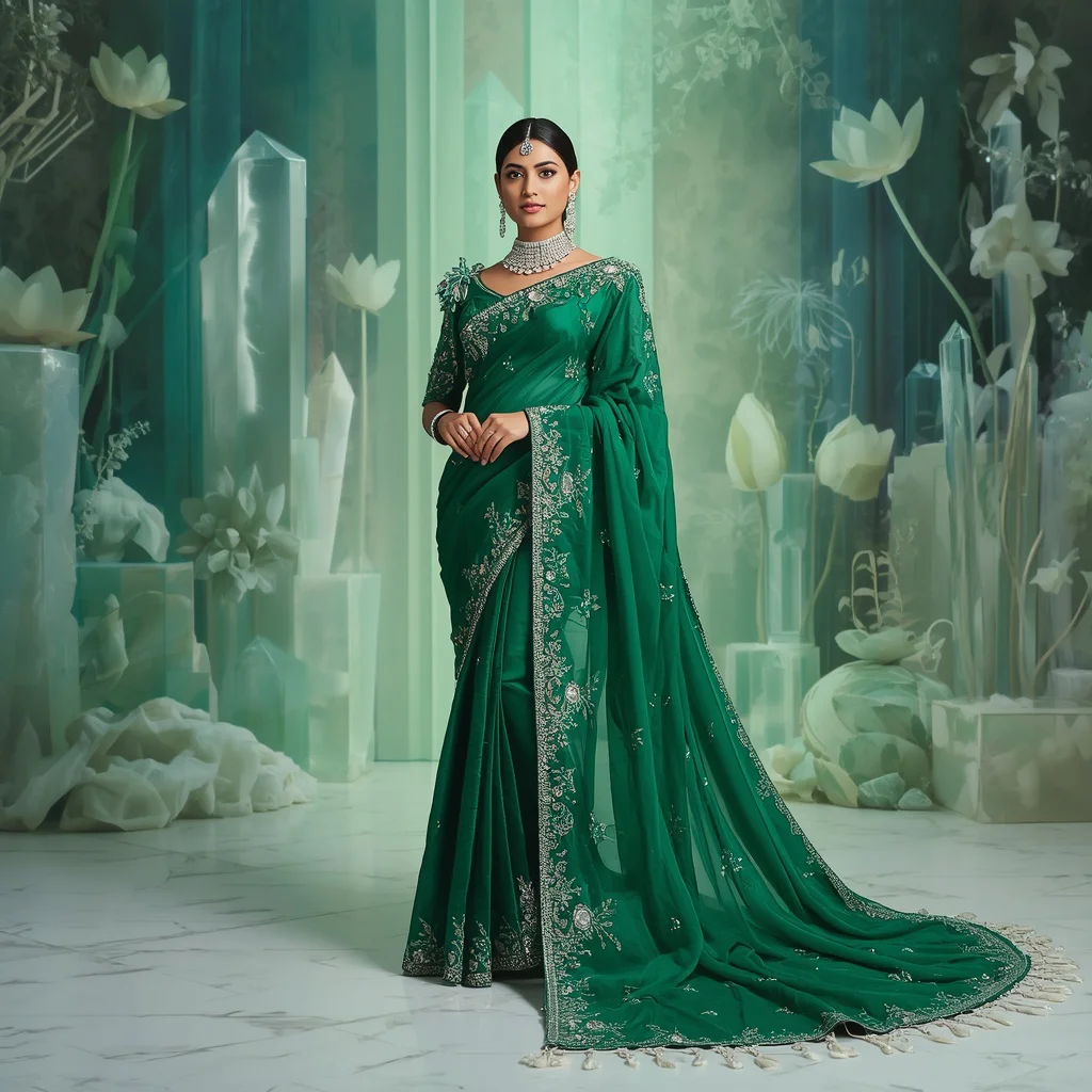 Ultra Luxury Emerald Royal Lotus Festival Saree with Floating Aurora Crystal Kingdom Background | traditional saree prompt for instagram - Top 10 Vintage Charm Saree AI Prompts for Retro Indian Glamour Portraits AI Prompt