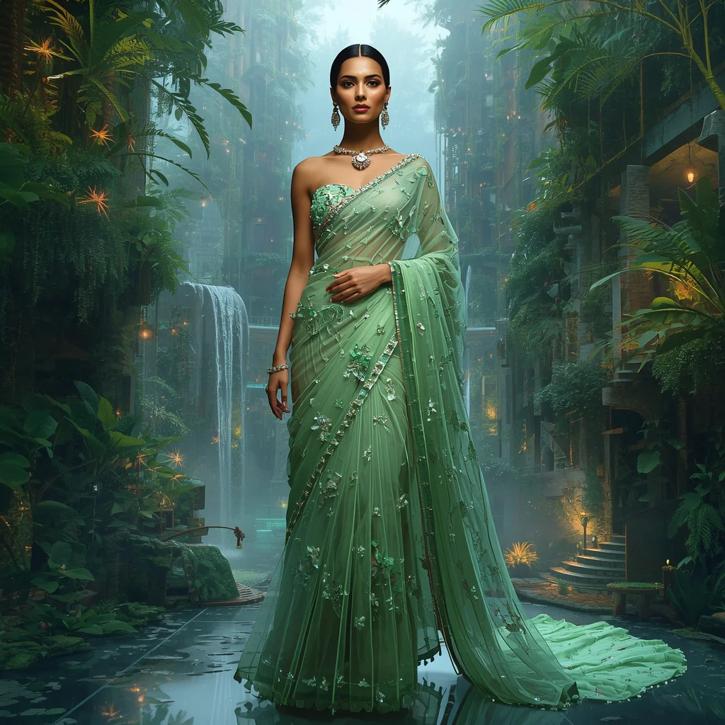 Ultra Luxury Floating Glass Rainforest Saree With Vertical Jungle City Background | new ai prompt text - Top 10 Vintage Charm Saree AI Prompts for Retro Indian Glamour Portraits AI Prompt