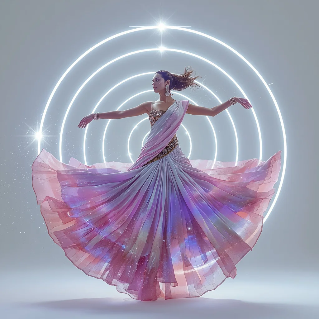 Ultra Luxury Floating Silk Quantum Aurora Ring-Vortex Saree Couture with Anti-Gravity Spiral Pose and White Infinity Cosmos Background | chatgpt photo editing prompts trending girl - Top 10 Glamorous Georgette Saree AI Prompts for Evening Party Attire AI Prompt